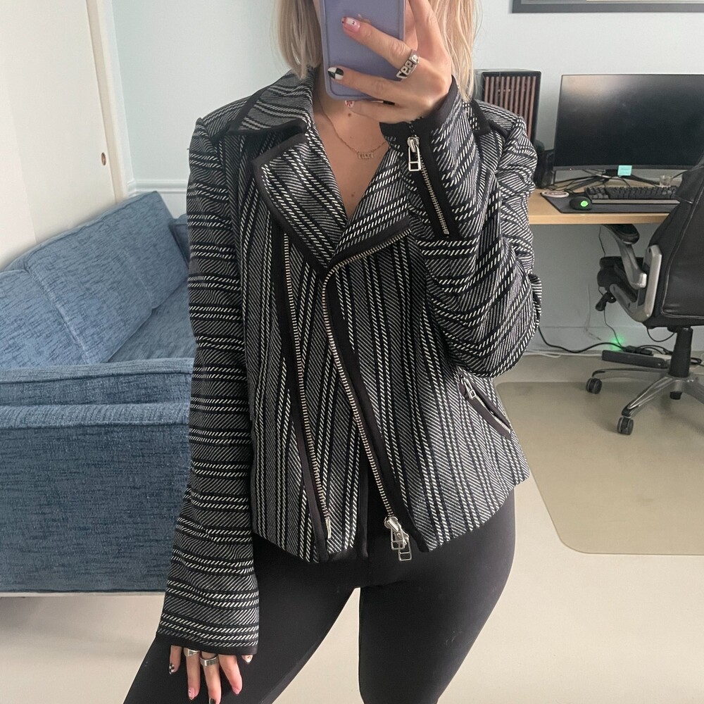 Veronica Beard Full Zip Striped Moto Blazer Navy White 8